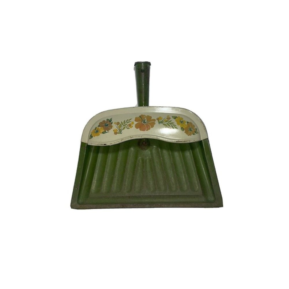Vintage Metal Dust Pan - J.V. Reed - Avocado Green Orange Yellow Flowers